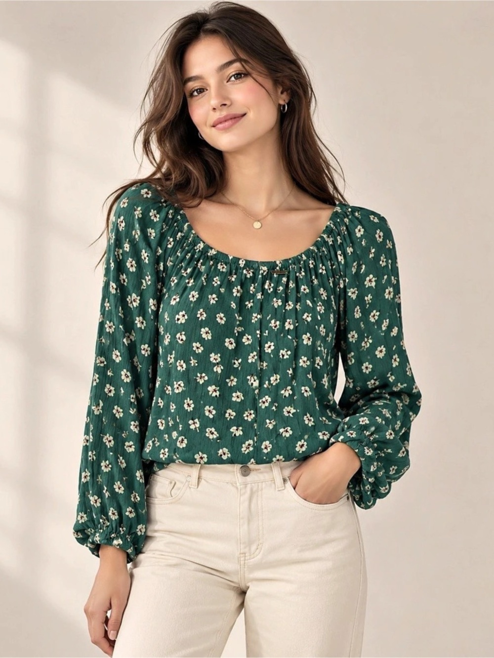 Billabong Floral Long Sleeve Blouse in Green Size Medium NWT